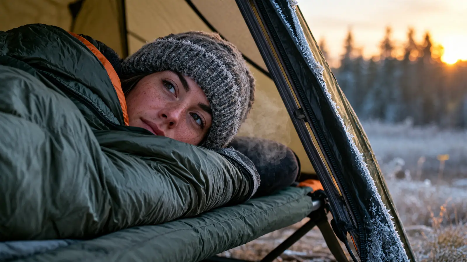 A person in a knit hat lying in a sleeping bag on a camp cot, breath visible in cold air