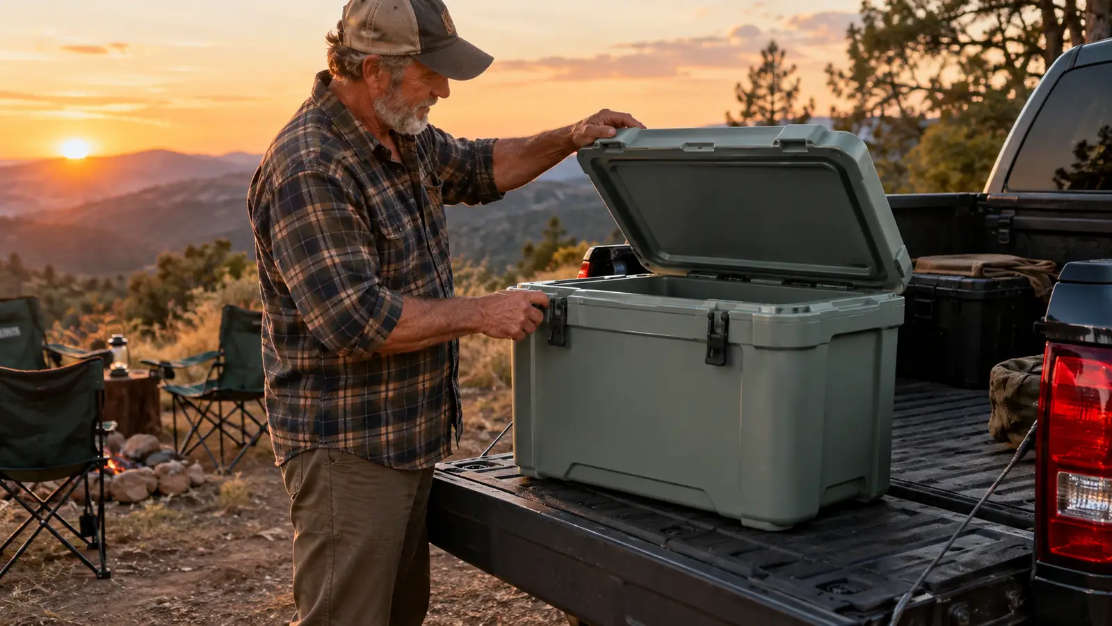 A person opening a large cooler on the tailgate of a pickup truck at a campsite
