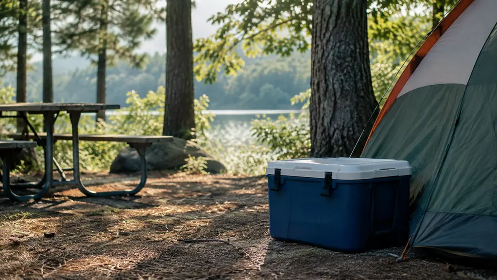 A cooler in the shade beside a tent at a state park campsite in the morning