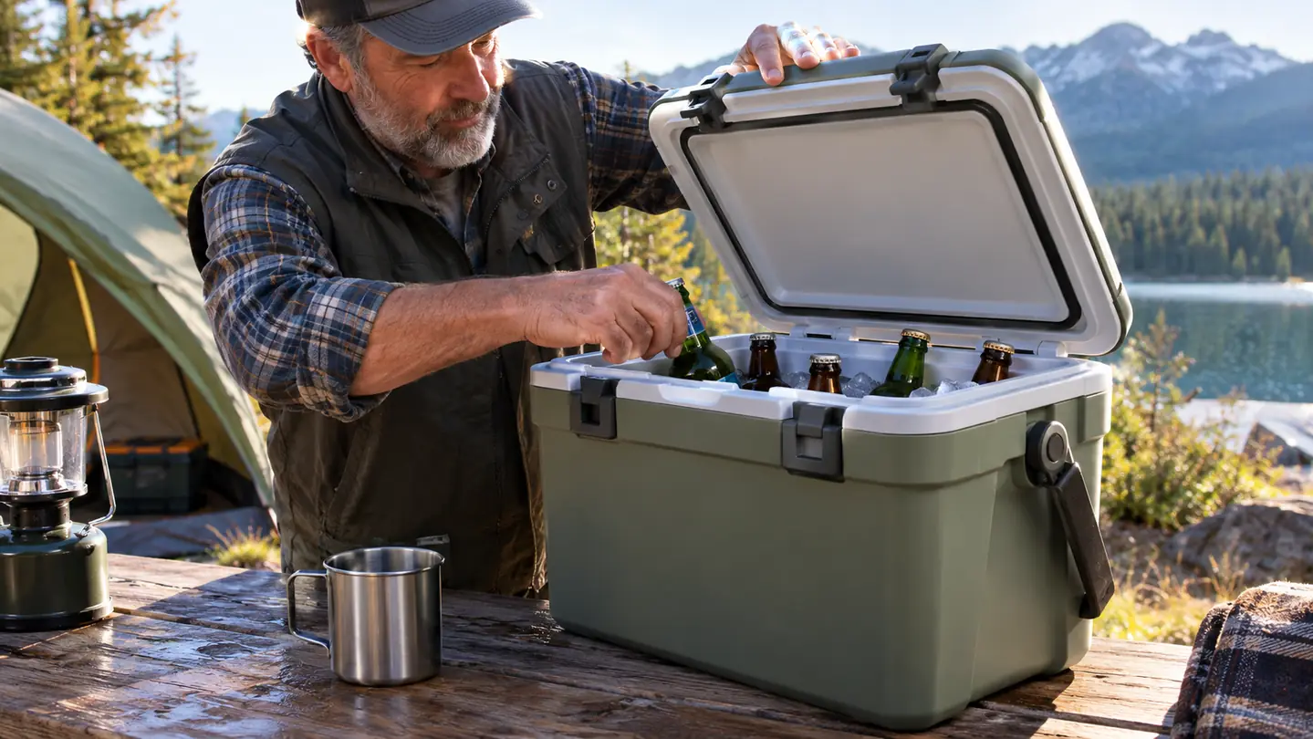 A person lifting the lid of a large cooler while a hand reaches inside for a drink bottle