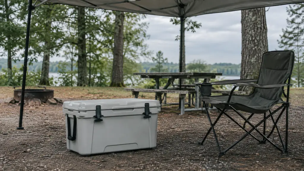 A large cooler on the ground beside a camp chair under a canopy at a state park campsite