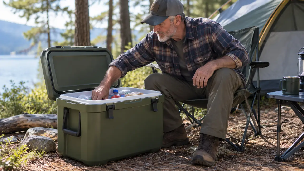 A person in a camp chair reaching into an open cooler beside a tent