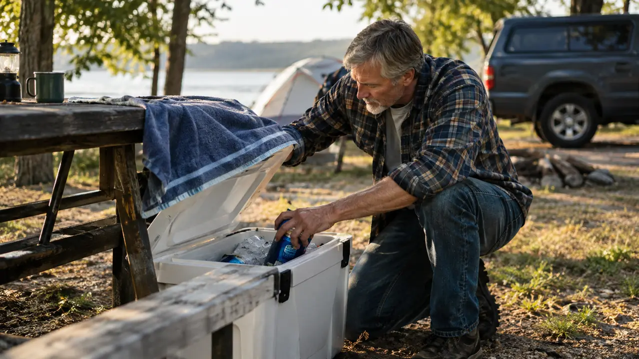 A hard cooler kept in the shade under a picnic table at a lakeside campsite, with a camper reaching in for a cold drink