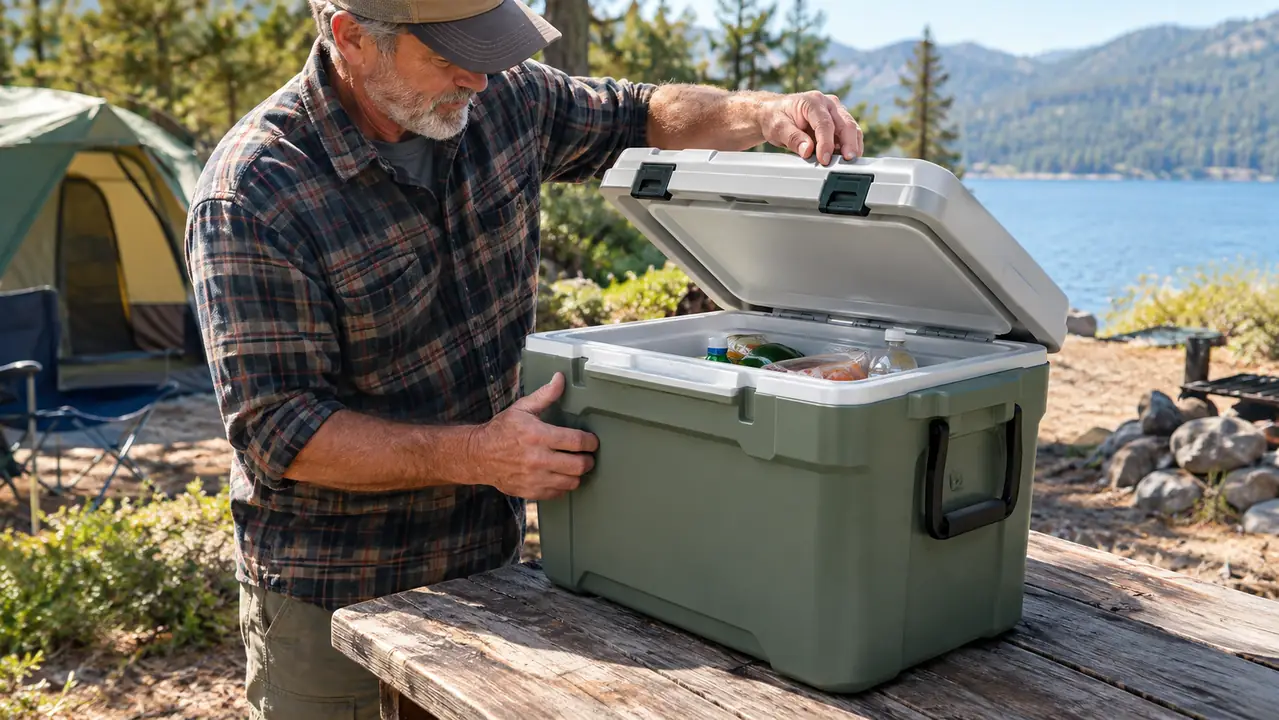 A person opening a cooler on a picnic table at a campsite in the middle of the day