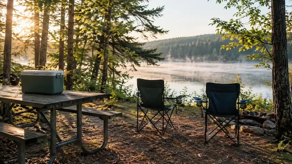 A cooler on a picnic table at a campsite in early morning, with camp chairs nearby and a lake visible through the trees
